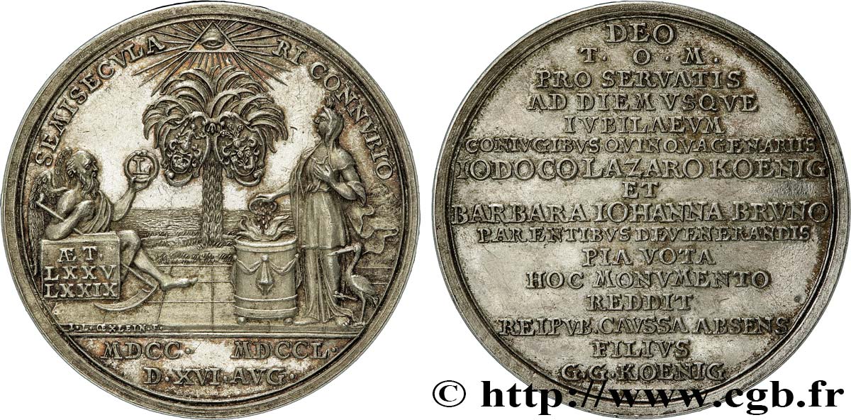 ALEMANIA Médaille, Noces d’or de Jodocus Lazarus Koenig et Barbara Johanna Bruno EBC