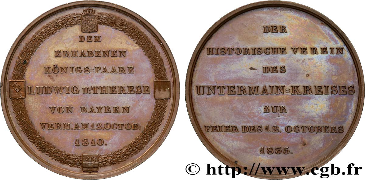 ALLEMAGNE - ROYAUME DE BAVIÈRE - LOUIS Ier Médaille, Noces d’argent de Louis Ier de Bavière et Thérèse née de Saxe-Hildburghausen EBC