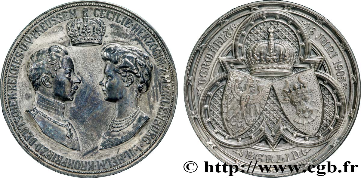 GERMANY - KINGDOM OF PRUSSIA - WILLIAM II Médaille, Mariage du Prince héritier Guillaume de Prusse et Cécile de Mecklembourg-Schwerin XF
