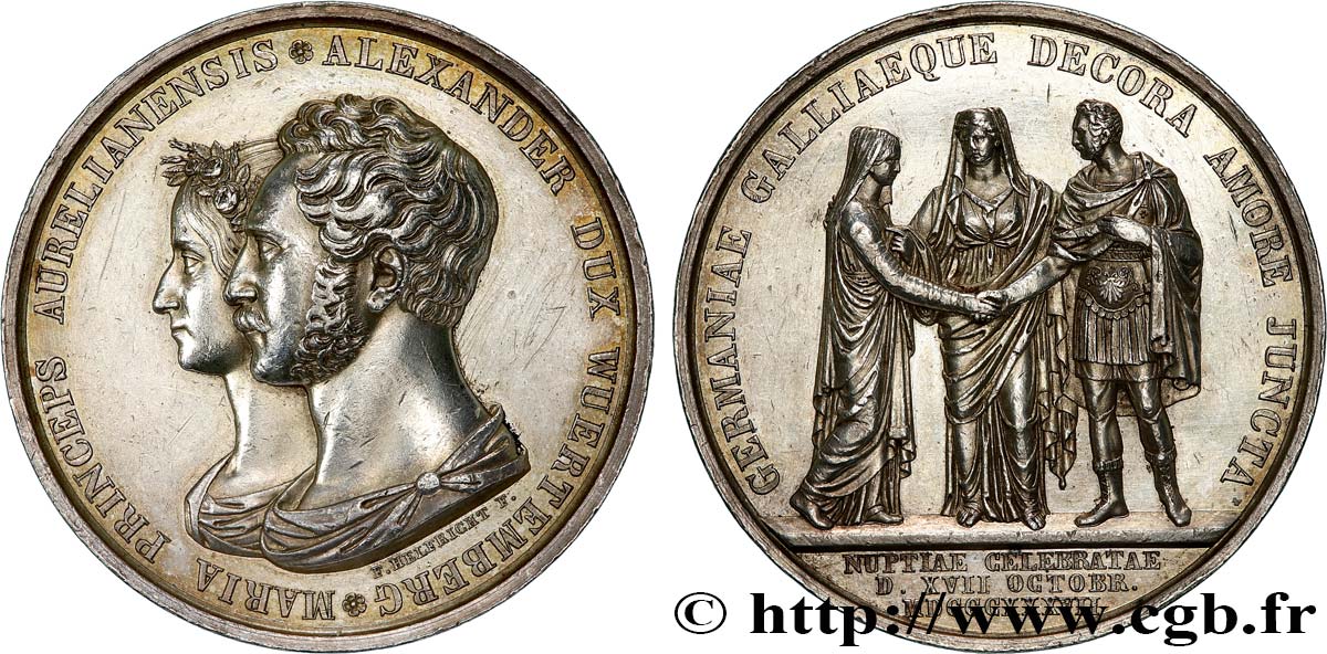 MARIE DE FRANCE, DUCHESSE DE WURTEMBERG Médaille, Mariage d’Alexandre de Würtemberg et Marie d’Orléans XF