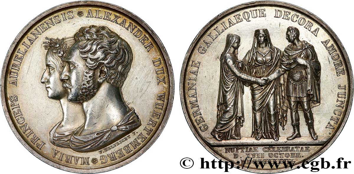 MARIE DE FRANCE, DUCHESSE DE WURTEMBERG Médaille, Mariage d’Alexandre de Würtemberg et Marie d’Orléans TTB