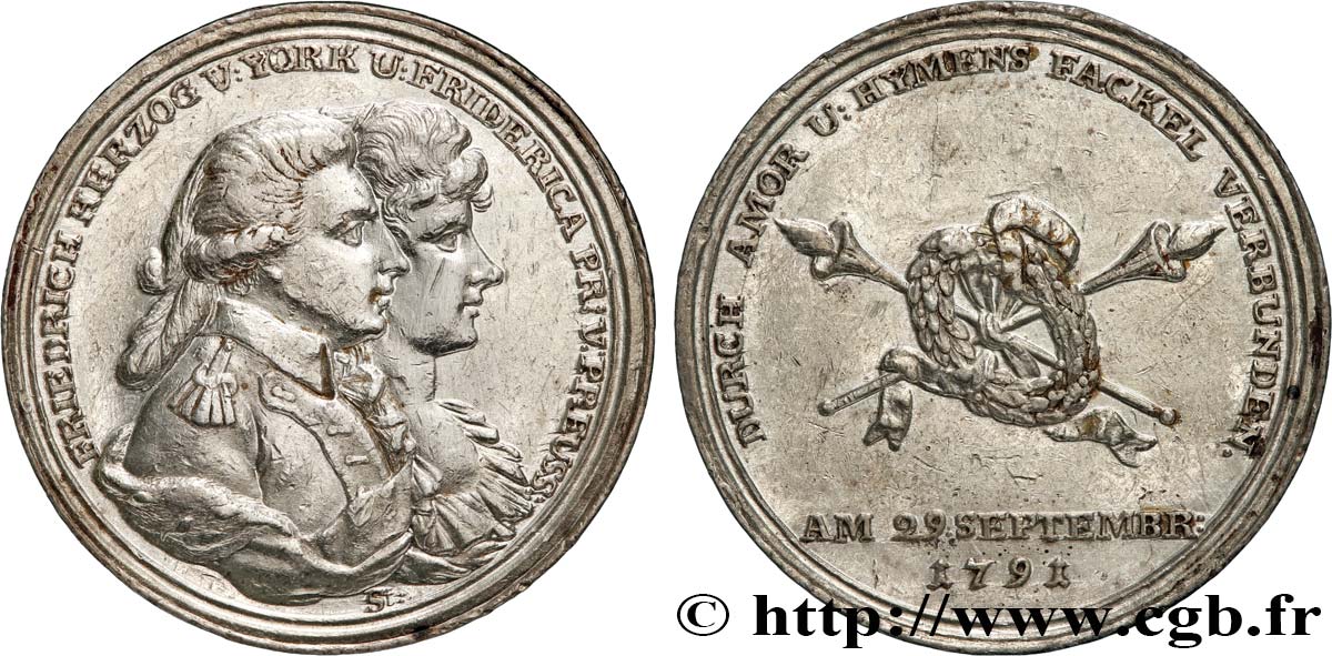 ALLEMAGNE - ROYAUME DE PRUSSE - FRÉDÉRIC-GUILLAUME II Médaille, Mariage du prince Frédéric-Auguste, duc d’York et d’Albanie, et de Friederike de Prusse BB