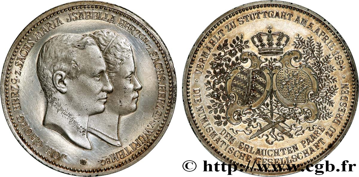 ALLEMAGNE - ROYAUME DE SAXE - ALBERT Médaille, Mariage du Prince Jean Georges de Saxe et Marie-Isabelle de Würtemberg TTB+