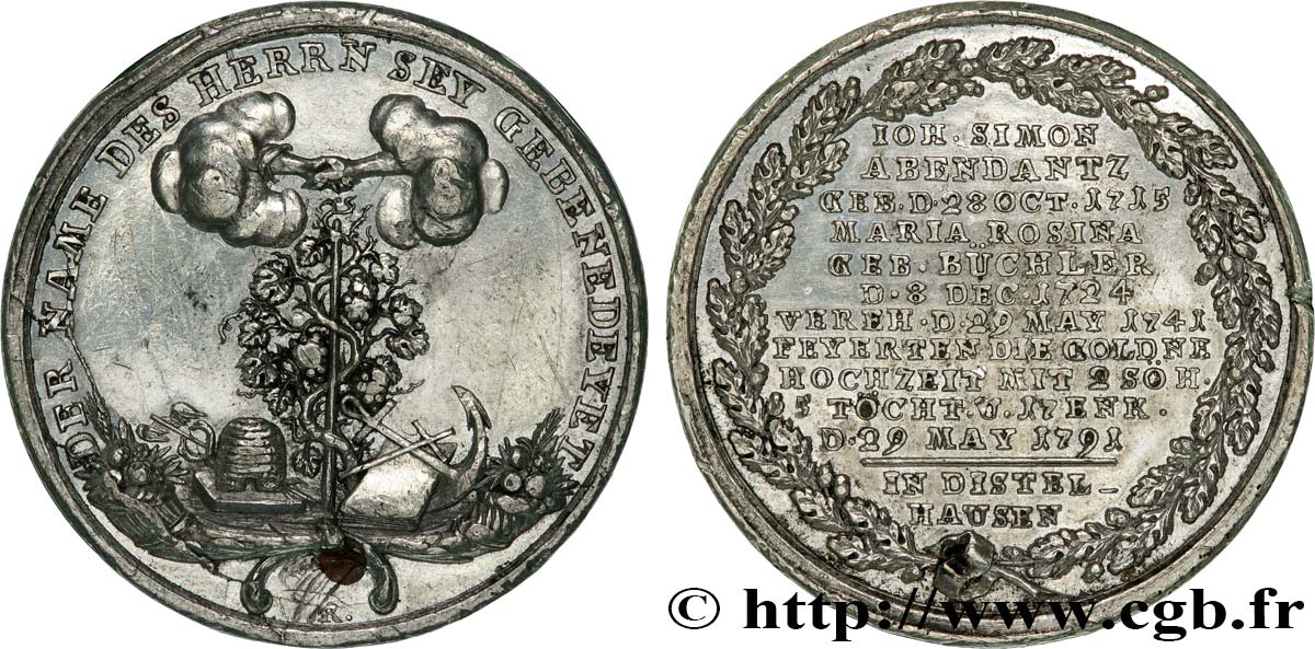ALLEMAGNE Médaille, Noces d’or de Johann Simon Abendantz et de Maria Rosina, née Büchler TTB