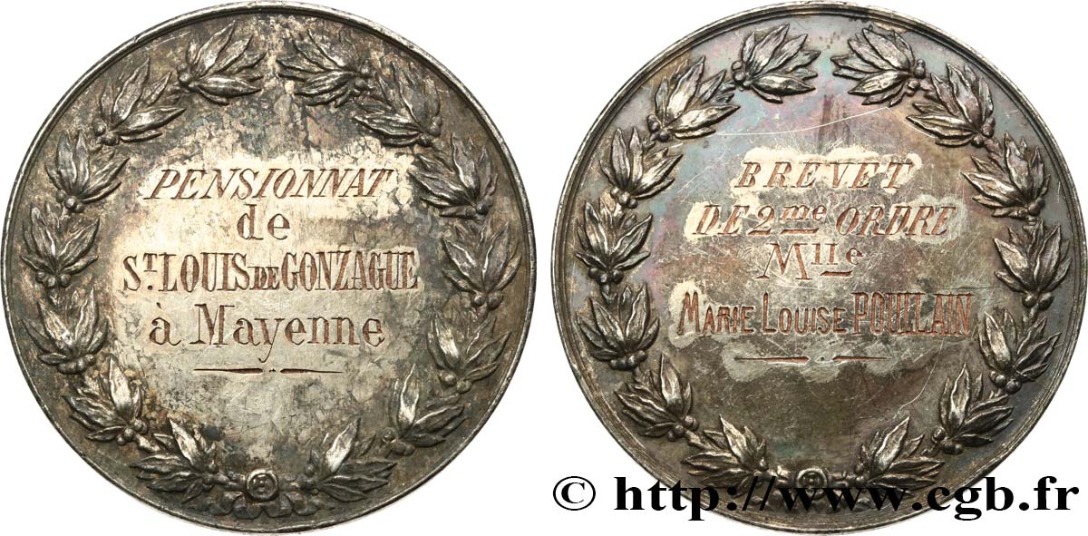 ÉDUCATION : LYCÉES, ÉCOLES Médaille, Brevet de 2e ordre, Pensionnat de Saint Louis de Gonzague TB+
