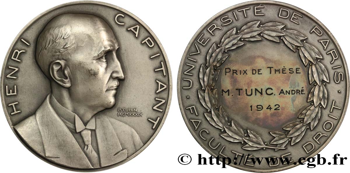 ÉTAT FRANÇAIS Médaille, Henri Capitant, Prix de thèse TTB+