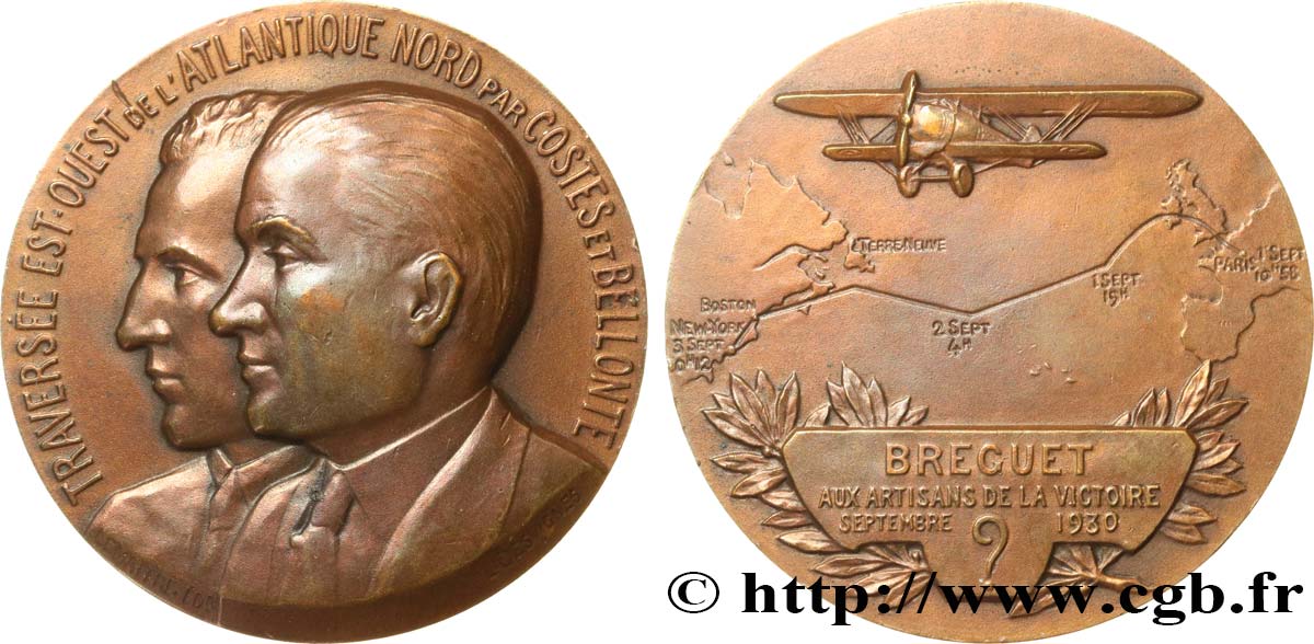 TROISIÈME RÉPUBLIQUE Médaille, Breguet, Traversée Est-Ouest de l’Atlantique Nord TTB+