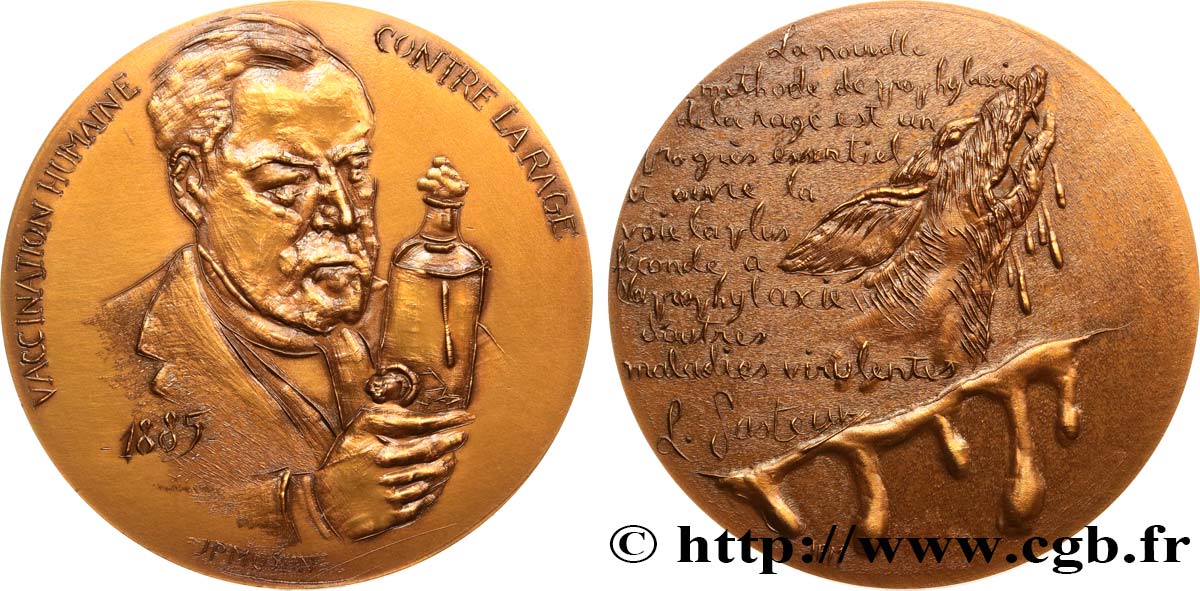 PERSONNAGES CÉLÈBRES Médaille, Louis Pasteur, Vaccination humaine contre la rage TTB+