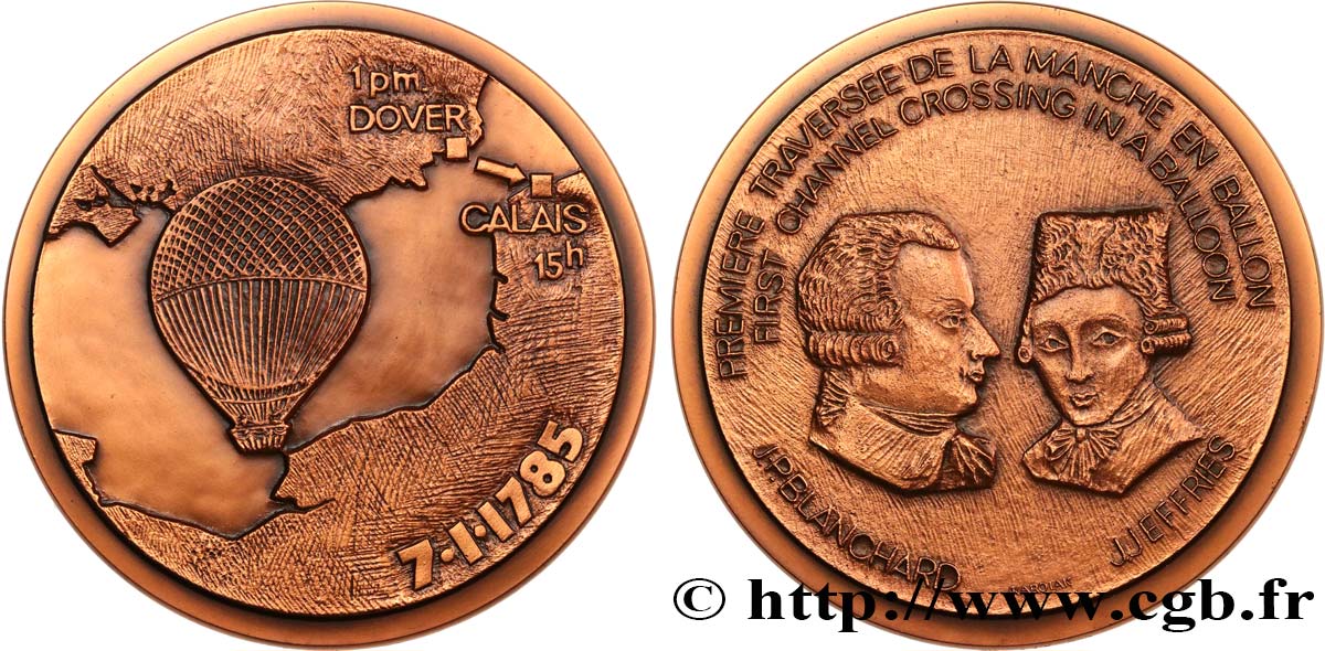 QUINTA REPUBLICA FRANCESA Médaille, Première traversée de la Manche en ballon, n°15 EBC