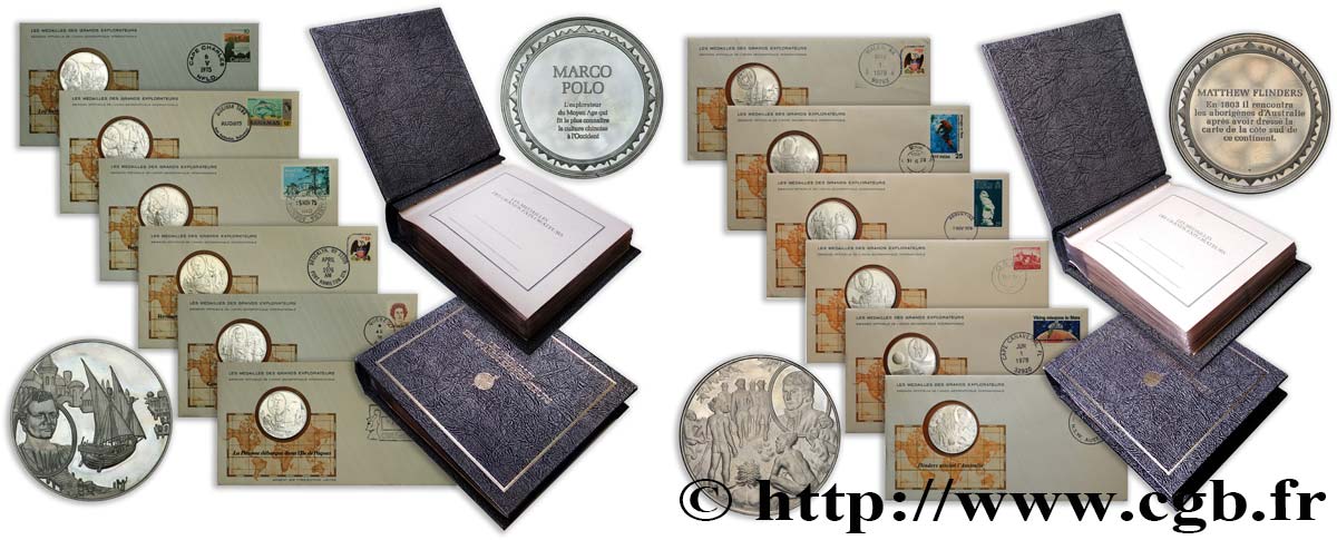 THE GREAT EXPLORERS  MEDALS Classeurs (2), 50 Enveloppes “Timbre médaille” MS