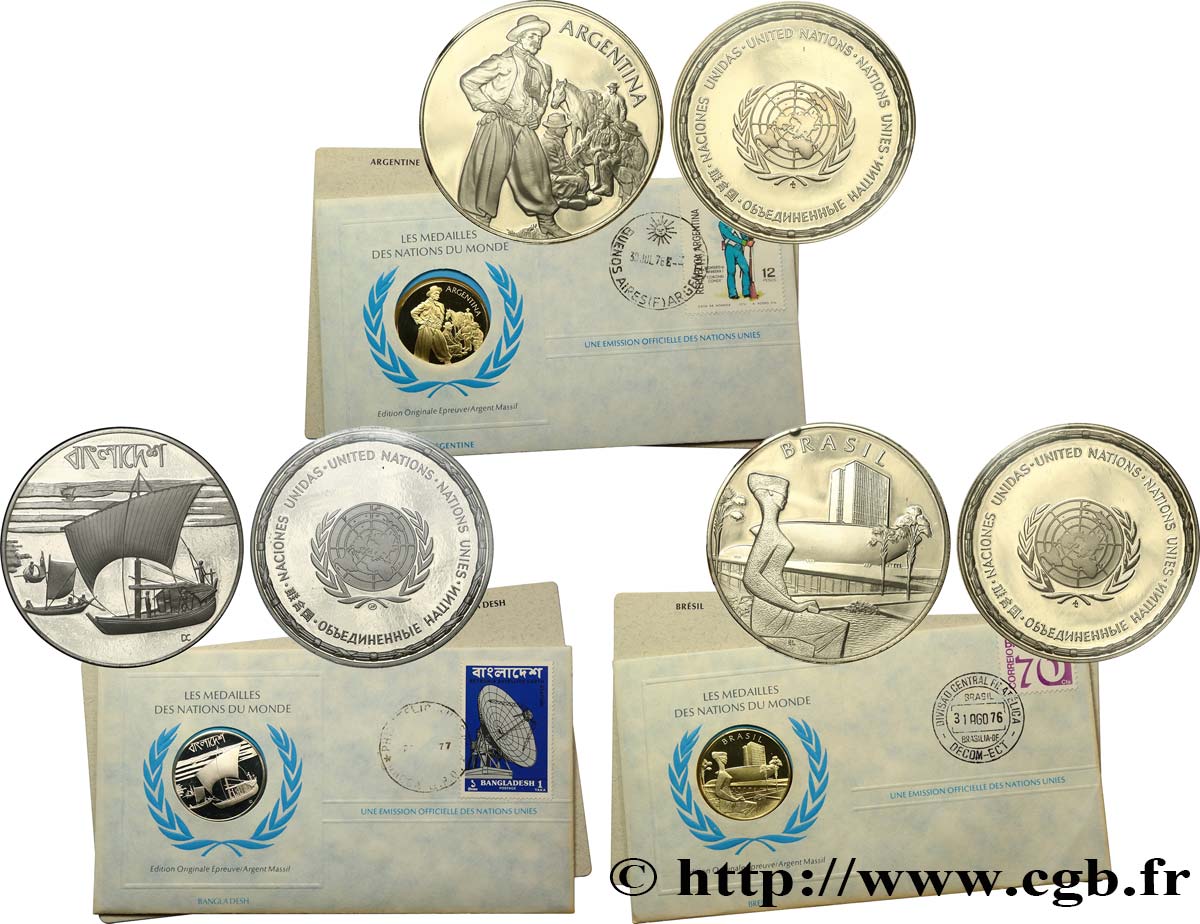 LES MÉDAILLES DES NATIONS DU MONDE Médaille, Lot de 3 ex., Argentine, Bangladesh et Bresil SPL