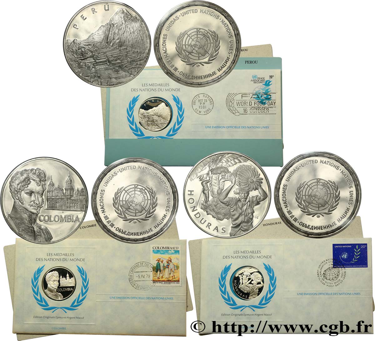 LES MÉDAILLES DES NATIONS DU MONDE Médaille, Lot de 3 ex., Colombie, Honduras et Perou SPL