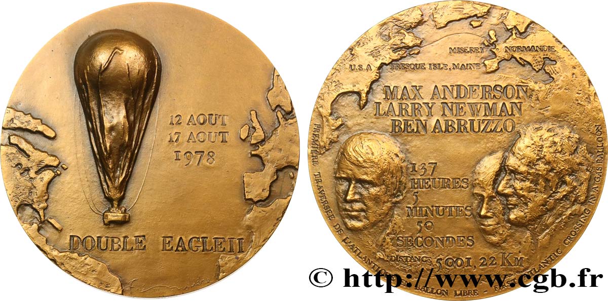 QUINTA REPUBLICA FRANCESA Médaille, Première traversée de l’Atlantique en ballon libre EBC