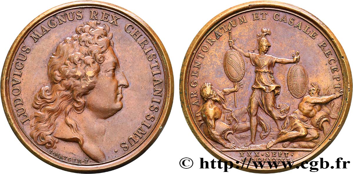 LOUIS XIV LE GRAND OU LE ROI SOLEIL Médaille, Strasbourg assujettie et Casale remise au roi TTB