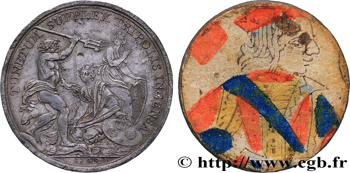 LOUIS XV THE BELOVED Médaille, Bombardement de Tripoli et carte à jouer VF
