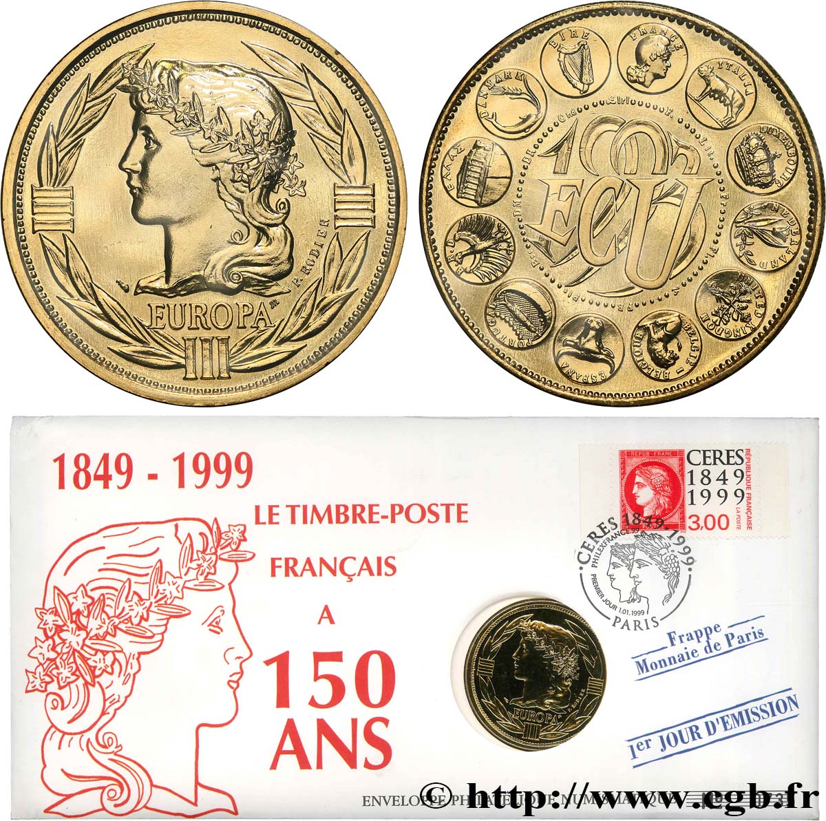 QUINTA REPUBLICA FRANCESA Enveloppe “timbre médaille”, Ecu Europa SC