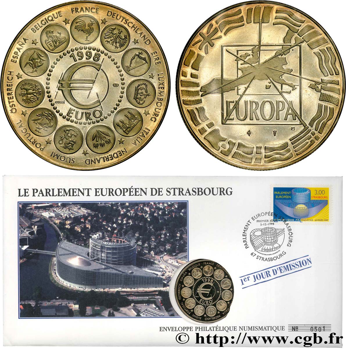 V REPUBLIC Enveloppe “timbre médaille”, Essai, Euro Europa MS