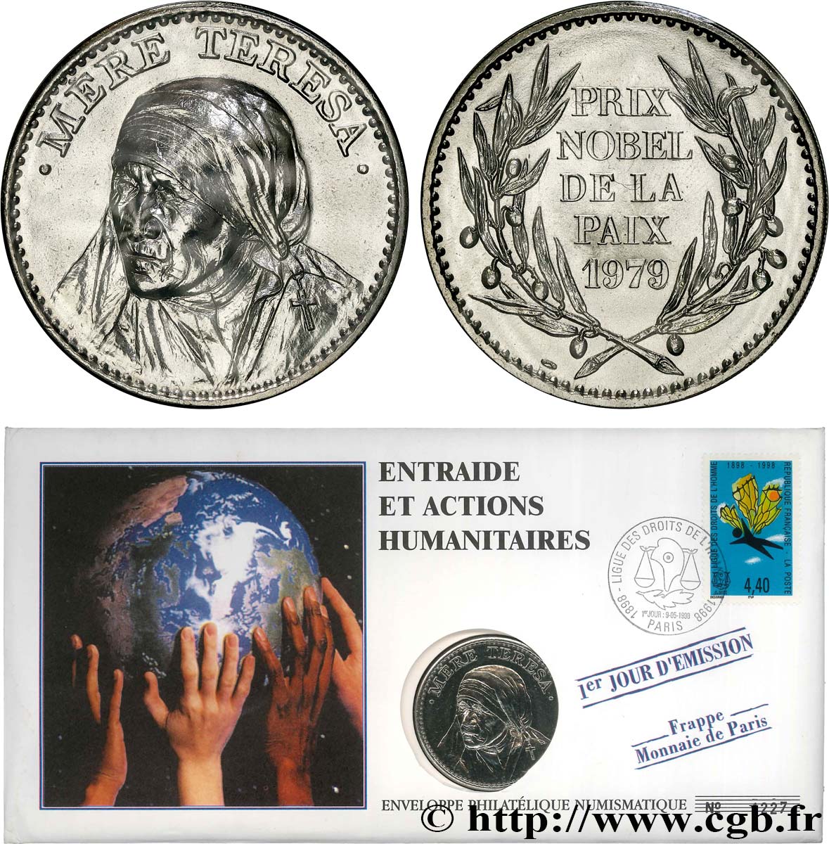 QUINTA REPUBLICA FRANCESA Enveloppe “timbre médaille”, Mère Teresa SC