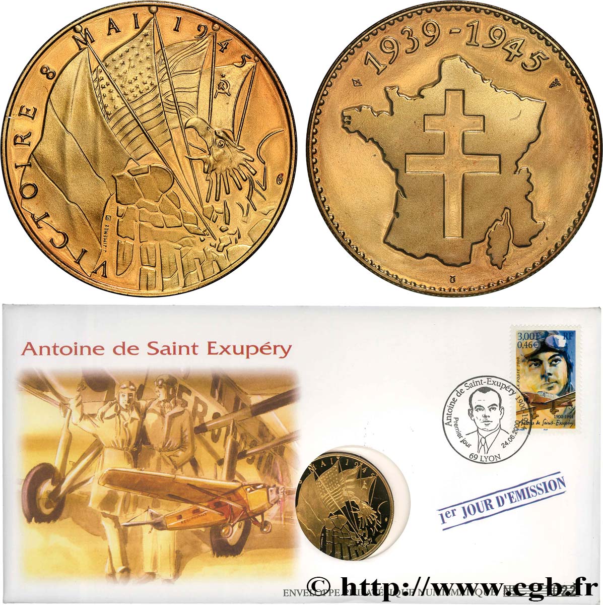 FUNFTE FRANZOSISCHE REPUBLIK Enveloppe “timbre médaille”, Victoire du 8 mai 1945, hommage à Antoine de Saint Exupéry fST