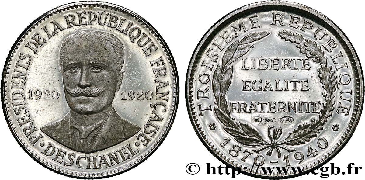 TERCERA REPUBLICA FRANCESA Médaille, Deschanel, Président de la République Française EBC