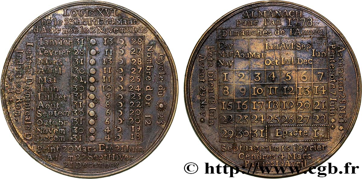 LOUIS XVI Médaille, Almanach BB