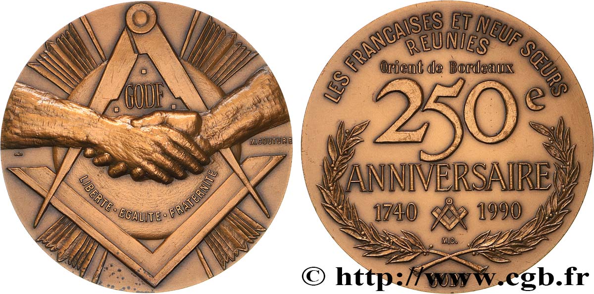 FRANC - MAÇONNERIE Médaille, 250e anniversaire de l’Orient de Bordeaux SUP