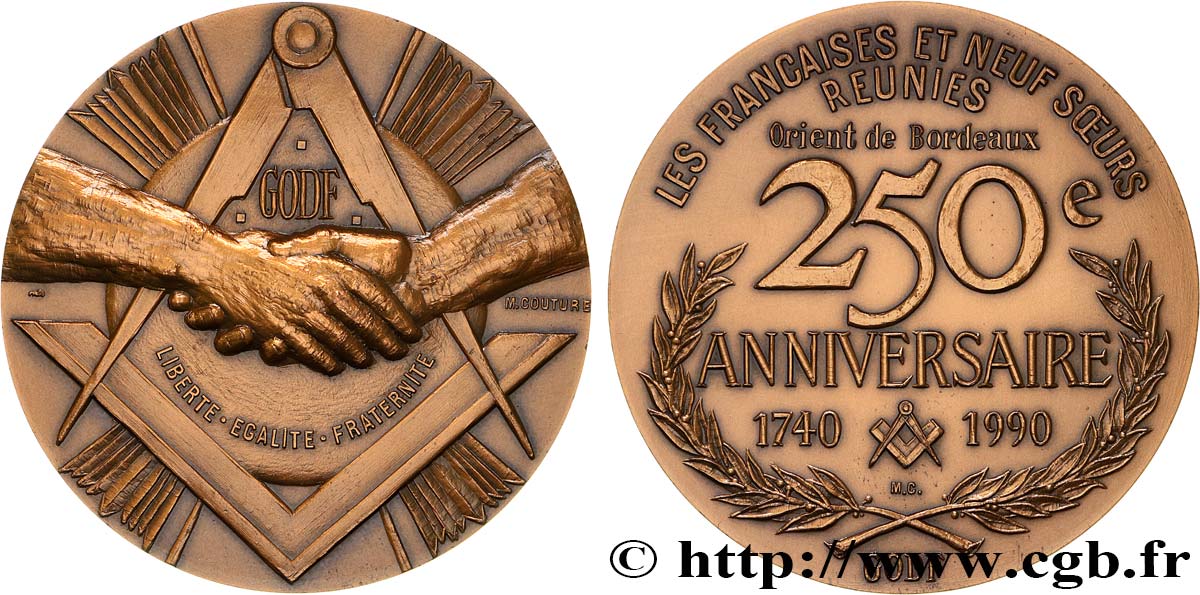 FREEMASONRY Médaille, 250e anniversaire de l’Orient de Bordeaux AU