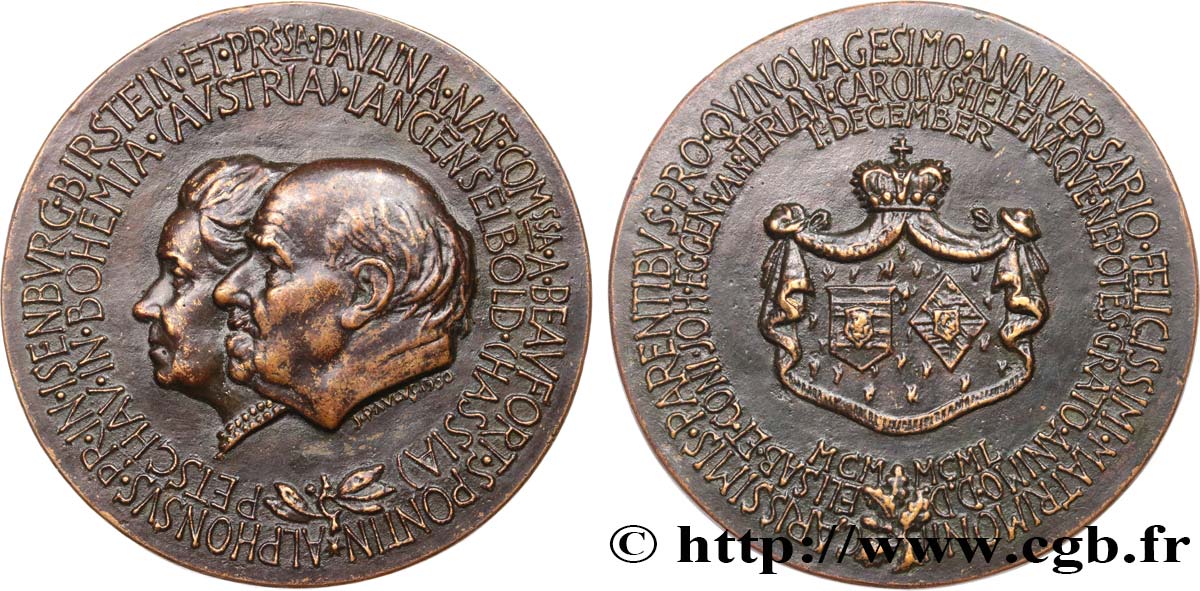 DEUTSCHLAND Médaille, Noces d’or du Prince Alphonse von Isenburg-Birstein  et de Pauline Marie Marguerite fVZ