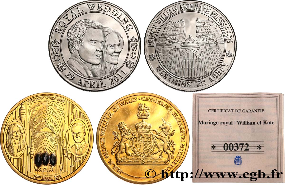 UNITED KINGDOM Médailles, Mariage du Prince William avec Catherine Elisabeth Middleton, lot de 2 ex. AU