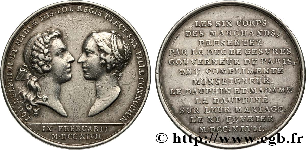 LOUIS XV THE BELOVED Médaille, Mariage du dauphin et de Marie Josèphe de Saxe XF