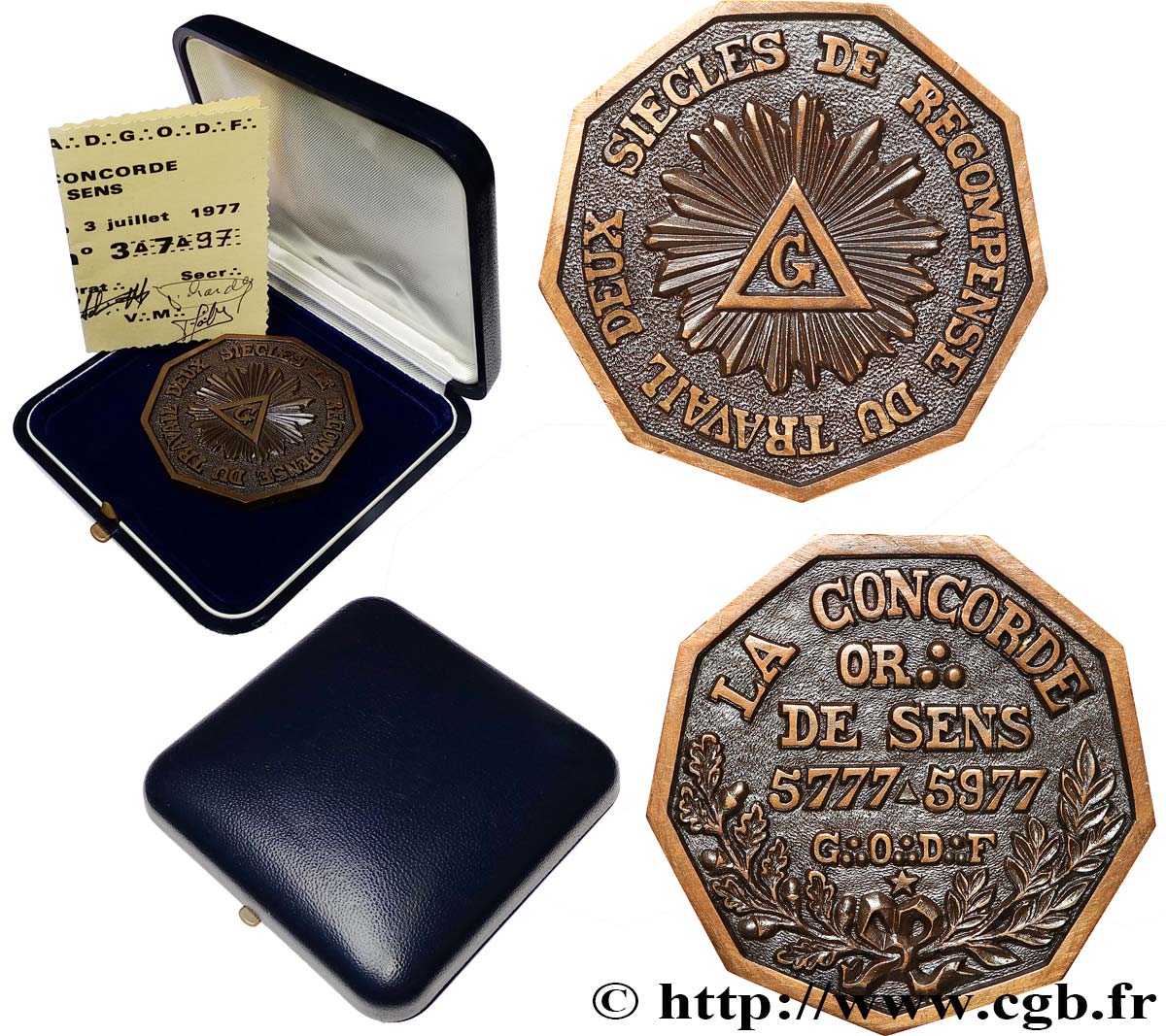 FREEMASONRY Médaille, La concorde, Orient de Sens, Bicentenaire AU