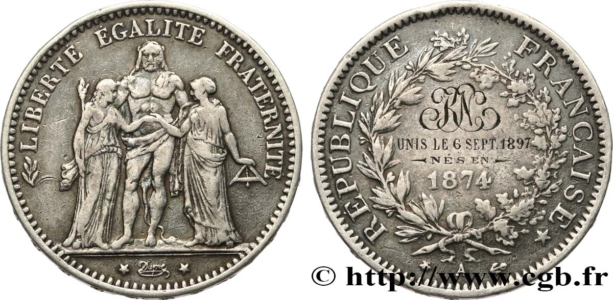 TERCERA REPUBLICA FRANCESA 5 francs Hercule, transformé en médaille de mariage BC+