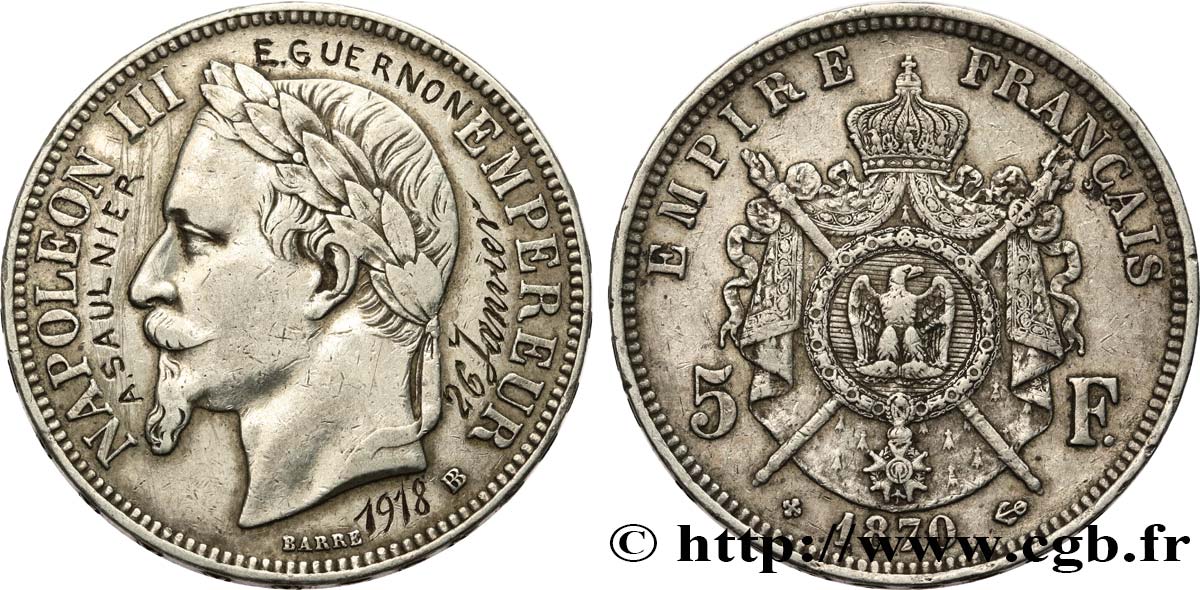 SECOND EMPIRE 5 francs Napoléon III, tête laurée, transformée en médaille de mariage TTB