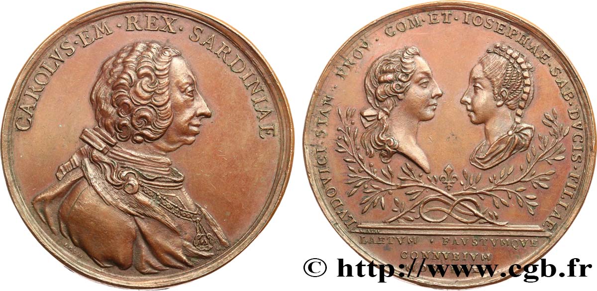 ITALIE - ROYAUME DE SARDAIGNE - CHARLES-EMMANUEL III Médaille, Mariage de Louise fille du Roi de Sardaigne et de Louis Stanislas Xavier Comte de Provence fVZ