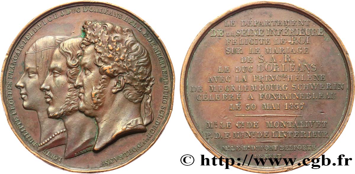 LUIGI FILIPPO I Médaille, Mariage de Ferdinand-Philippe d Orléans et Hélène de Mecklembourg-Schwerin BB
