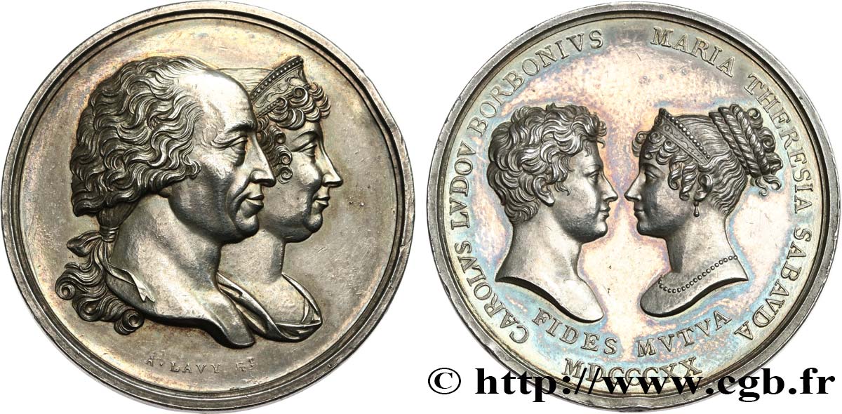 ITALIE - ROYAUME DE SARDAIGNE - VICTOR-EMMANUEL Ier Médaille, Mariage de Charles-Louis de Bourbon Parme et de Marie-Thérèse de Savoie AU