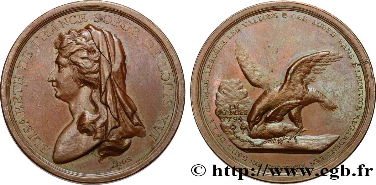 ÉLISABETH-PHILIPPE-MARIE-HÉLÈNE DE FRANCE, SŒUR DE LOUIS XVI Médaille, dénonçant l exécution de la sœur de Louis XVI le 10 mai 1794 MBC+