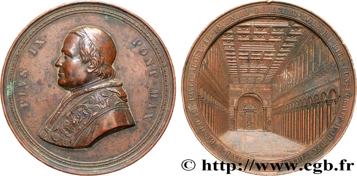ITALIE - ÉTATS DU PAPE - PIE IX (Jean-Marie Mastai Ferretti) Imposante médaille, réfection de la Basilique Saint Paul TTB