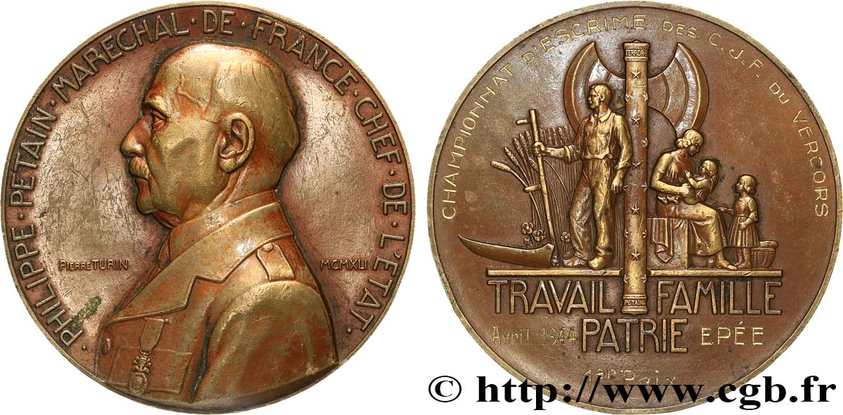 ÉTAT FRANÇAIS Médaille, Maréchal Pétain, Championnat d’escrime TTB