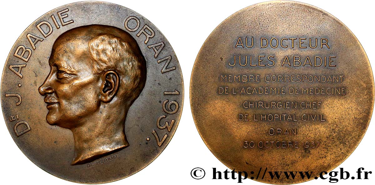 ALGÉRIE - TROISIÈME RÉPUBLIQUE Médaille, Au docteur Jules Abadie AU