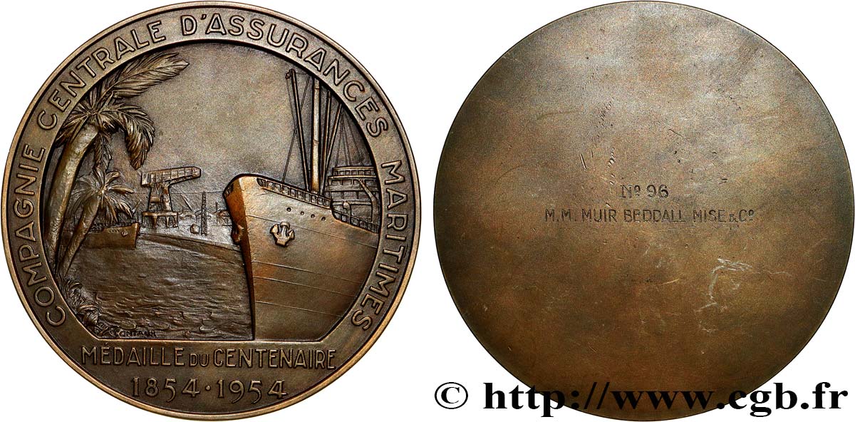 CUARTA REPUBLICA FRANCESA Médaille, Centenaire de la Compagnie centrale d’assurances maritimes EBC