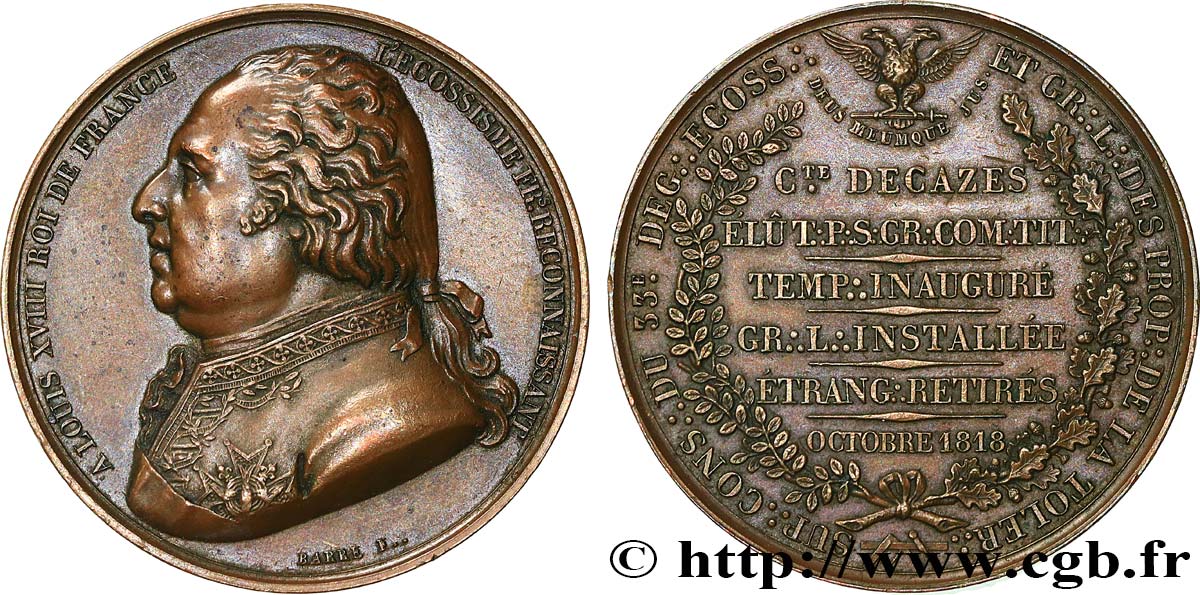 FRANC - MAÇONNERIE Médaille, Comte Elie Decazes, Suprême conseil de France TTB+