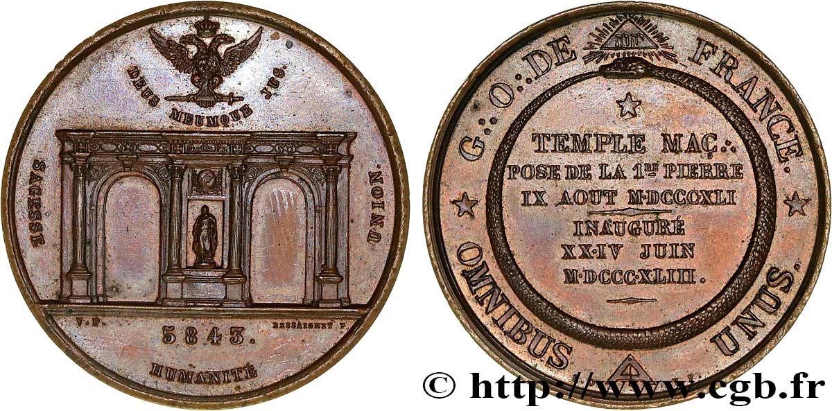FRANC - MAÇONNERIE Médaille, Pose de la première pierre du temple maçonnique, Grand Orient de France SUP