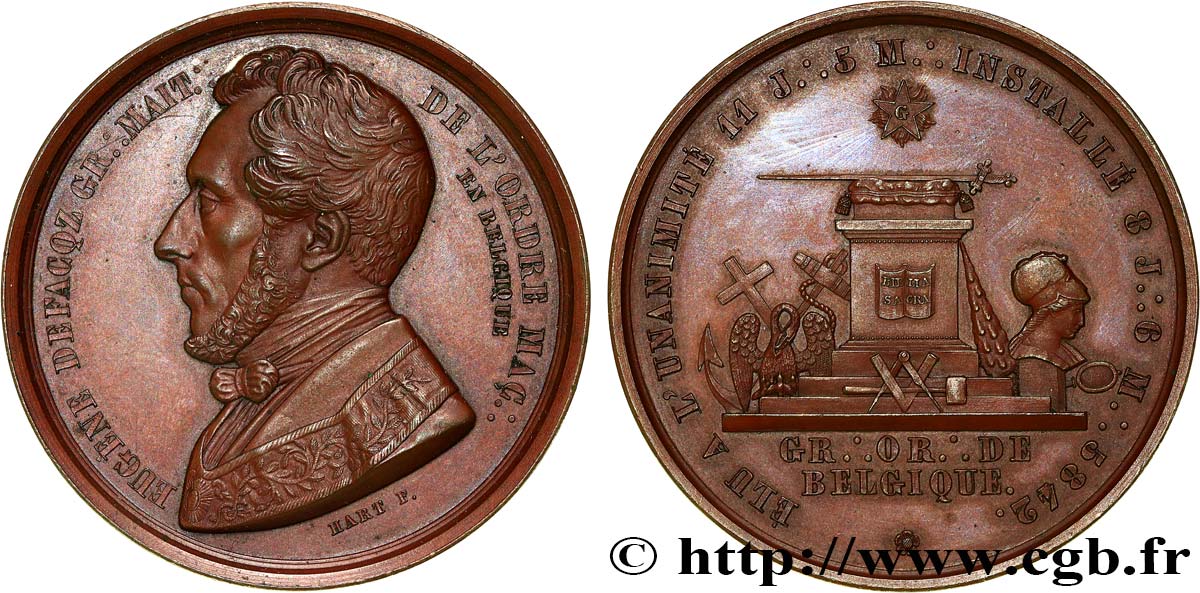 FRANC - MAÇONNERIE Médaille, Installation du grand maître Eugène Defacqz SUP