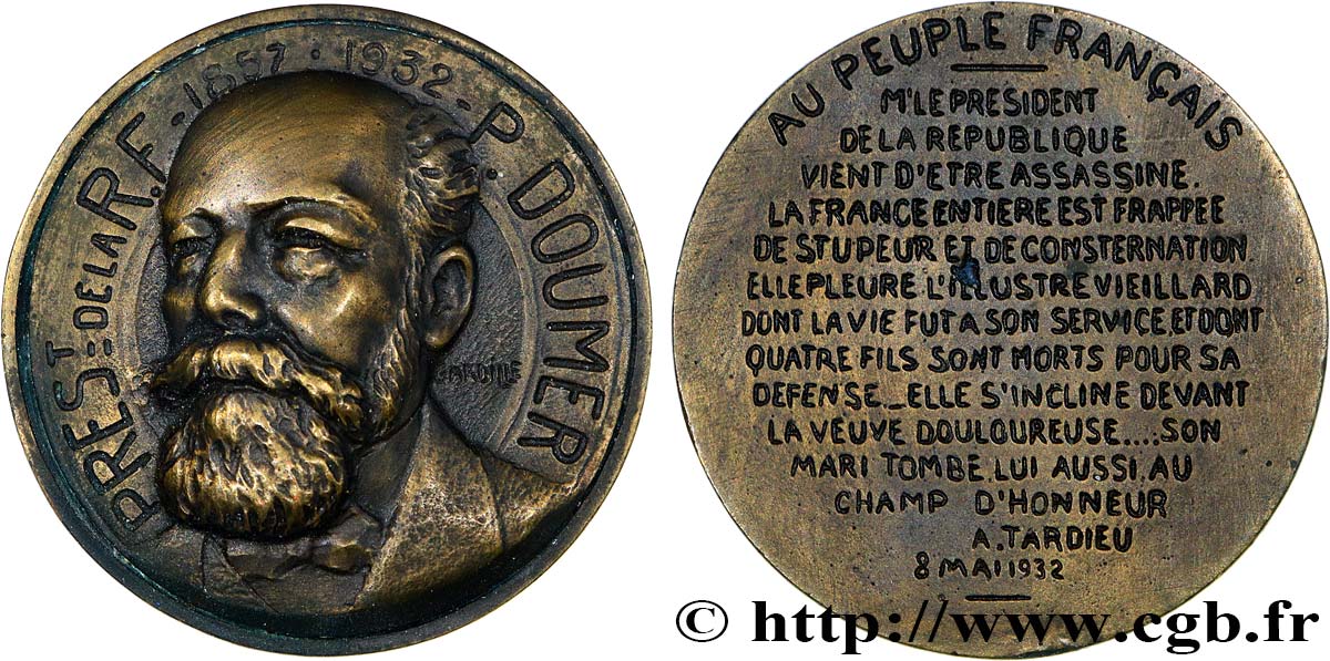 III REPUBLIC Médaille, Assassinat de Paul Doumer AU