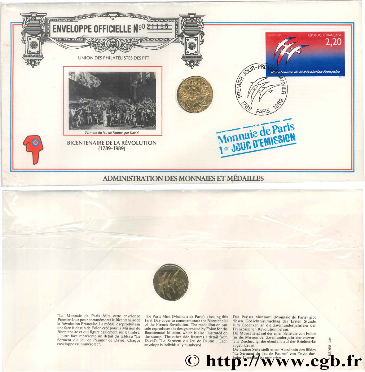 QUINTA REPUBLICA FRANCESA Médaille Du Bicentenaire de la Révolution Française FDC