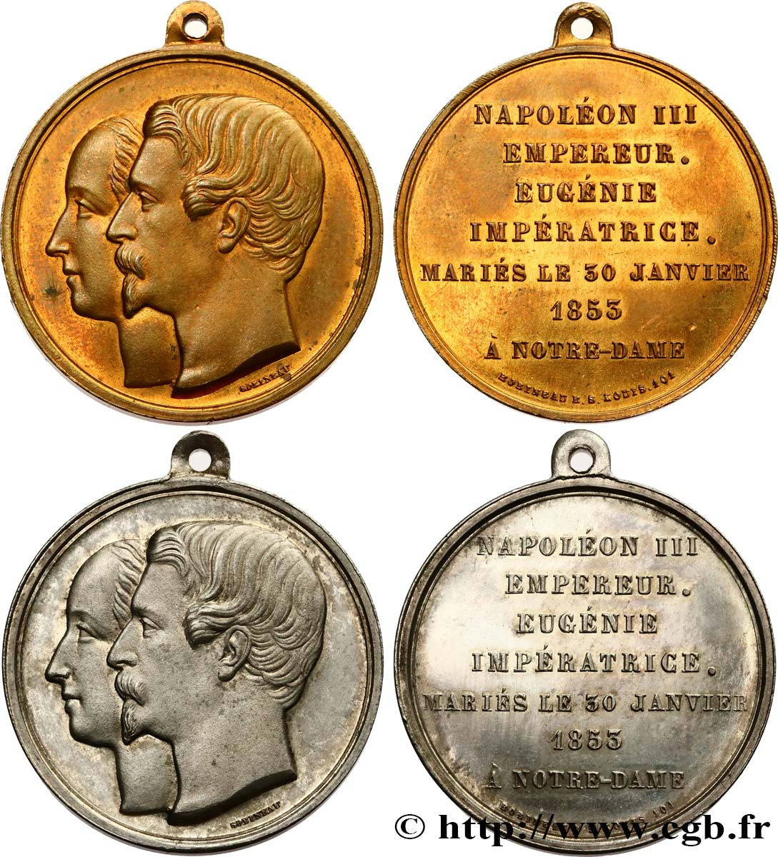 AMOUR ET MARIAGE Médaille, Mariage de Napoléon III et d’Eugénie, lot de 2 ex. fVZ