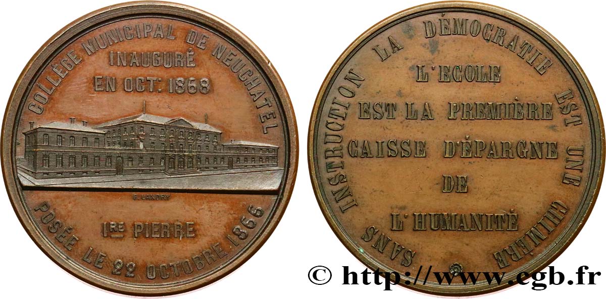 SUIZA - CANTÓN DE NEUCHATEL Médaille, Inauguration du Collège municipal de Neuchâtel EBC