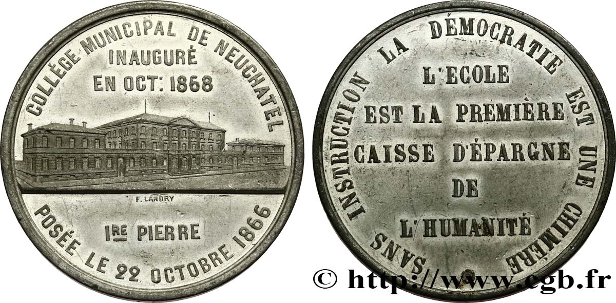 SUIZA - CANTÓN DE NEUCHATEL Médaille, Inauguration du Collège municipal de Neuchâtel MBC+