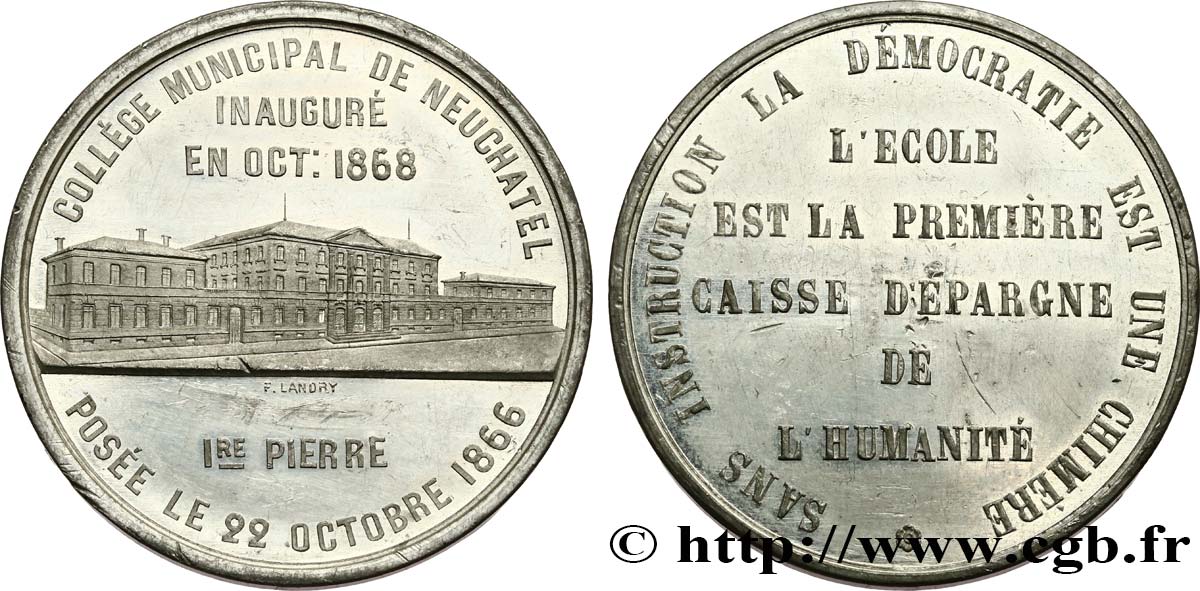 SUIZA - CANTÓN DE NEUCHATEL Médaille, Inauguration du Collège municipal de Neuchâtel MBC+